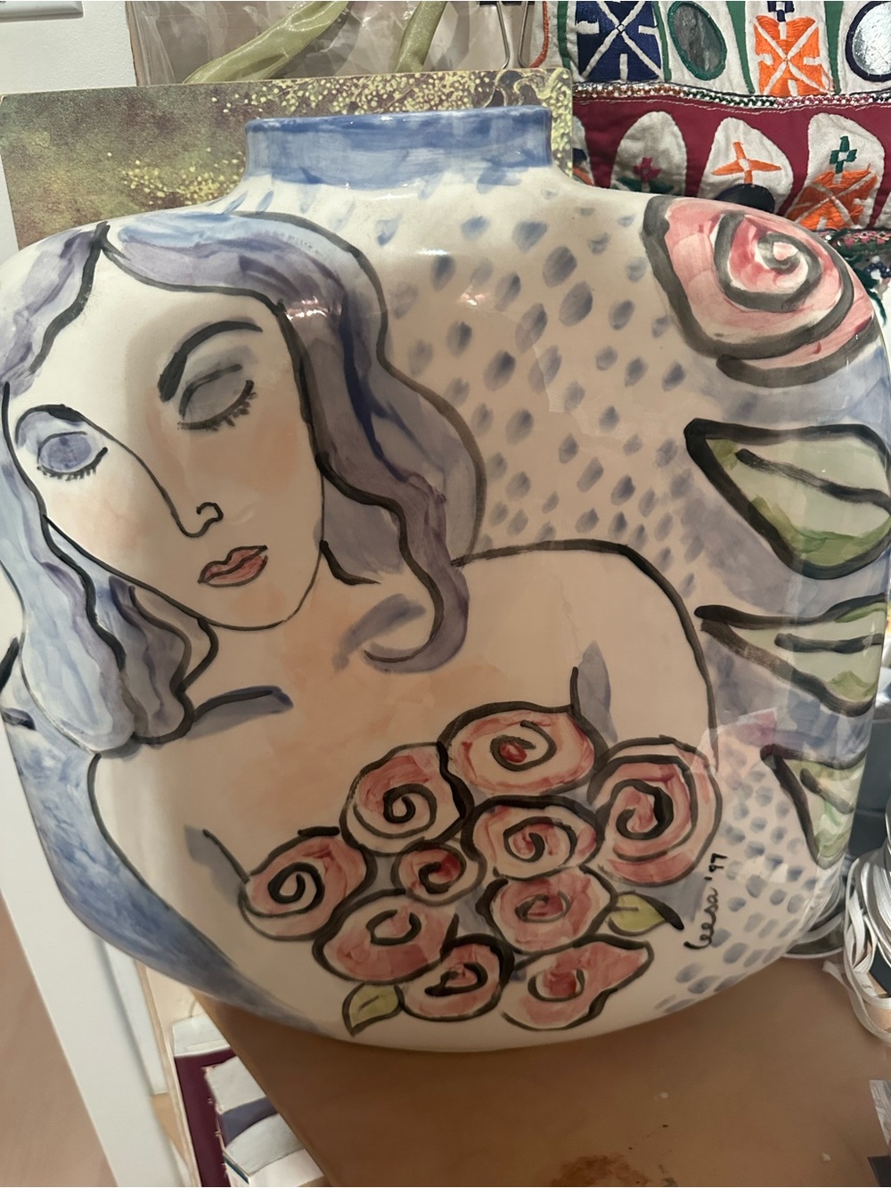 Hand-Painted Floral Woman Ceramic Vase in Pastel Colors 16x15
